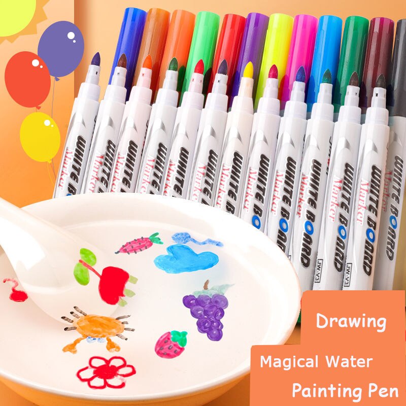 12pcs/set Magical Water Painting Pen Water Floating Doodle Pens Kids Drawing Markers Early Education Magic Whiteboard Marker
