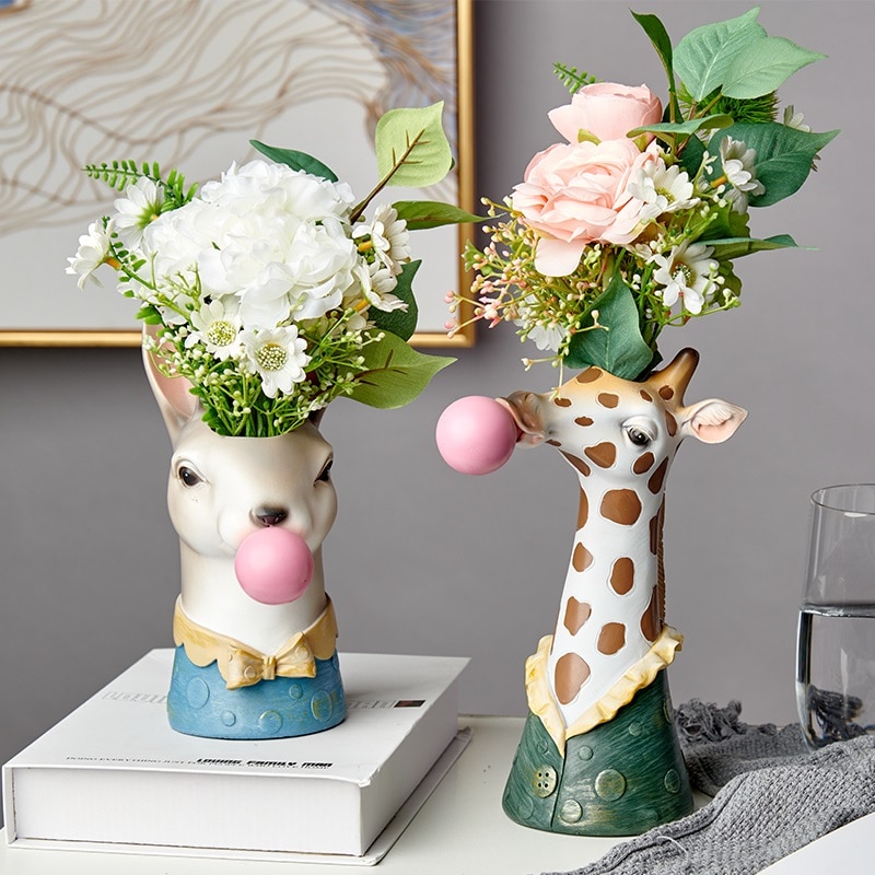 Resin Cartoon Animal Head Vase Flower Pot Bubble Gum Zebra Giraffe Panda Deer Bunny Bear Animal Crafts Decoration