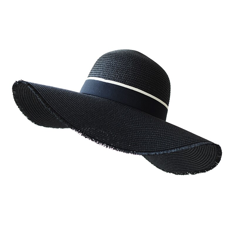 Handmade Weaved Letter Sun Hat with Black Ribbon Lace For Women main image 1