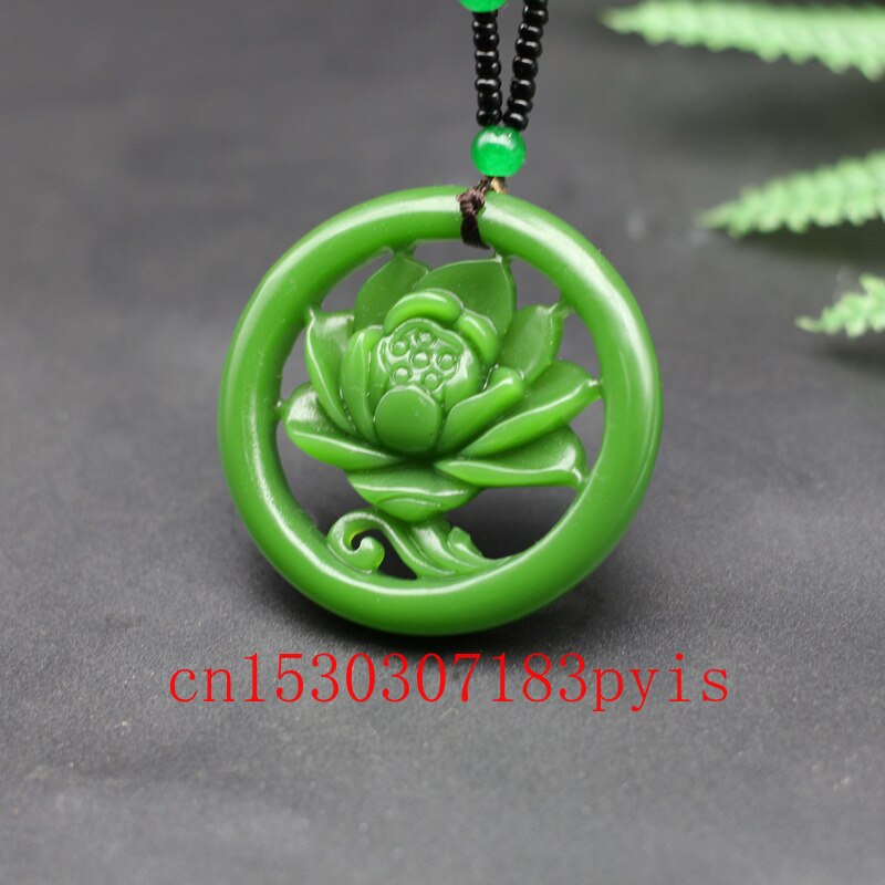 Natural Green Jade Flower Pendant Necklace Chinese Double-sided Hollow Carved Charm Jewelry Amulet for Men Women