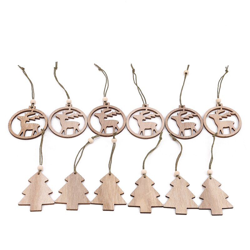 12pcs/Bag Wooden Hollow Out Christmas Snowflake Pendant Tree Decorations Xmas Angel Elk Star Wood Ornaments: C