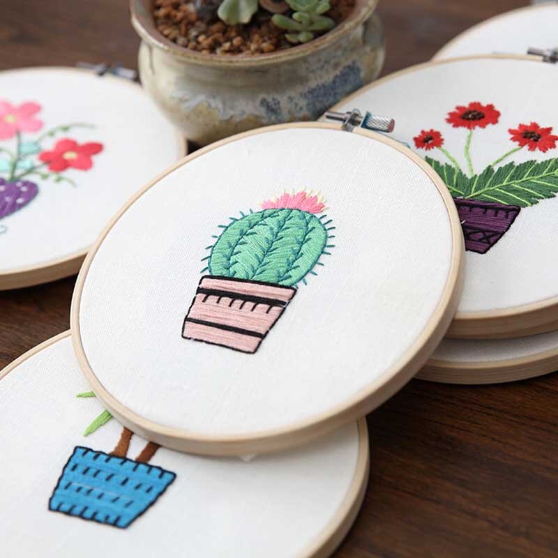 Simple Plant Flower Embroidery Kits for Beginner with 15cm Bamboo Hoop Flower Pattern Needlework Cross Stitch Swing Painting
