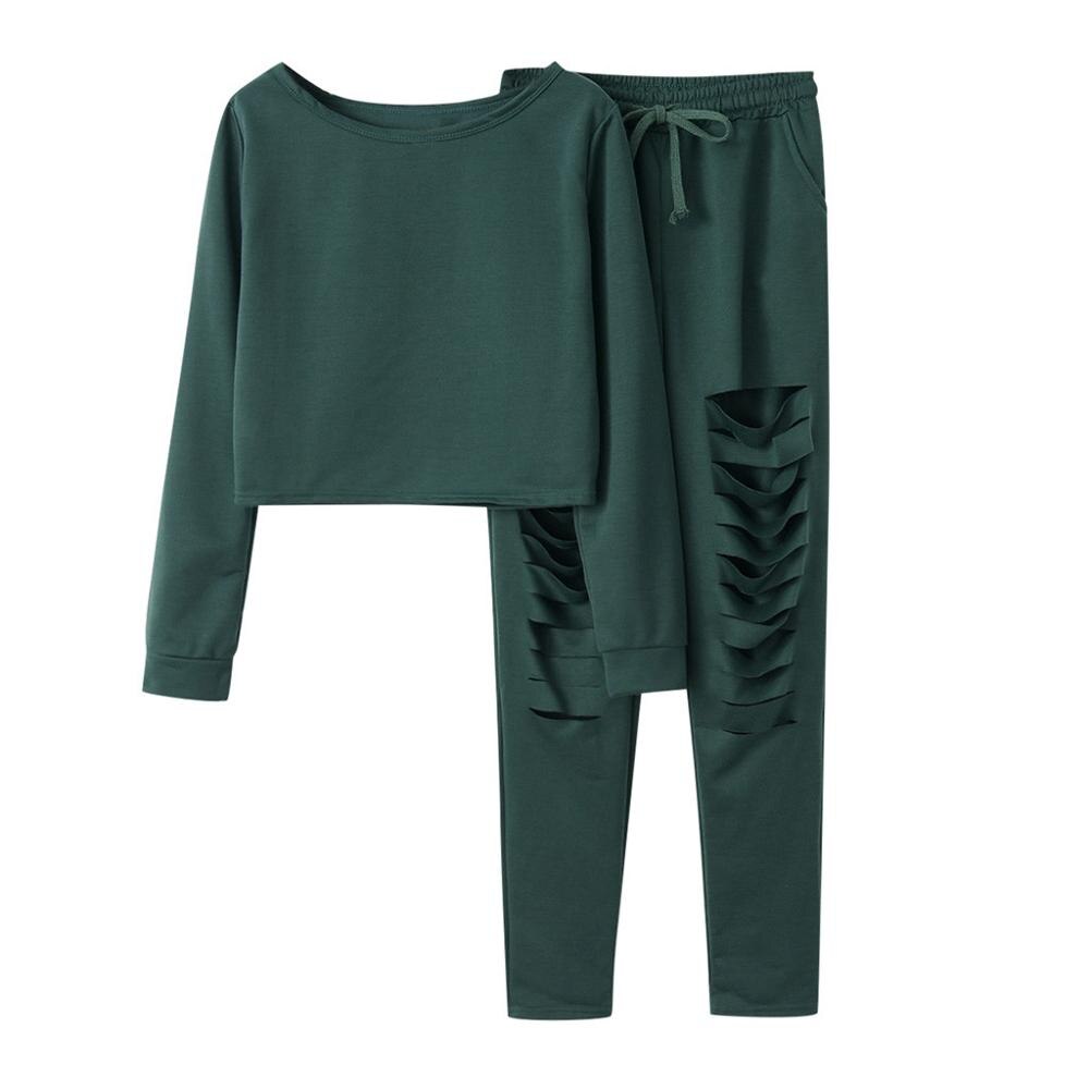 Herbst Frauen lässig Einfarbig Oansatz Lang Hülse Hemd und Schlauch Anzug Aushöhlen Sport Lauf Trainingsanzug Für Damen