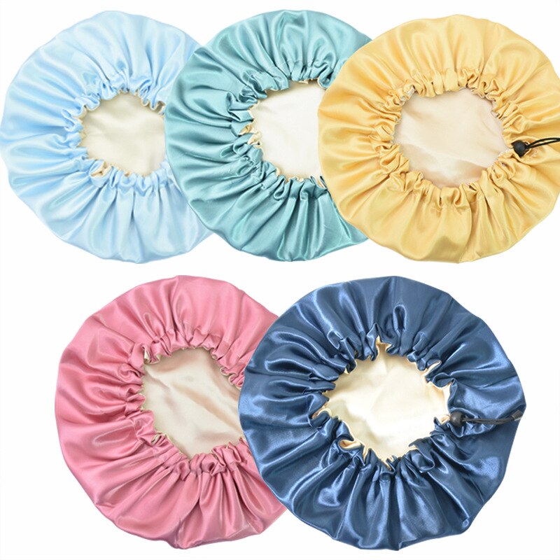 Hair Salon Elastic Thicken Double Layer Night Cap Adjustable Women's Oiled Shower Soft Silk Bath Hat Satin Bonnet Logo Printing