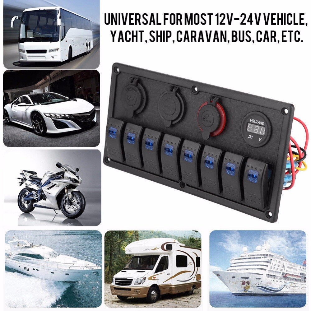 Marine Boat Rocker Switch Panel 8 Gang Waterproof ON Off Toggle Switches with Digital Voltage Display 3.1A Double USB