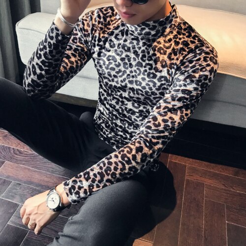 Leopard t-shirt vinter herr & #39 #39 herr toppar smal höghalsad t-shirt långärmad herr t-shirt camiseta: Grå / Koreanska  l 52-60kg