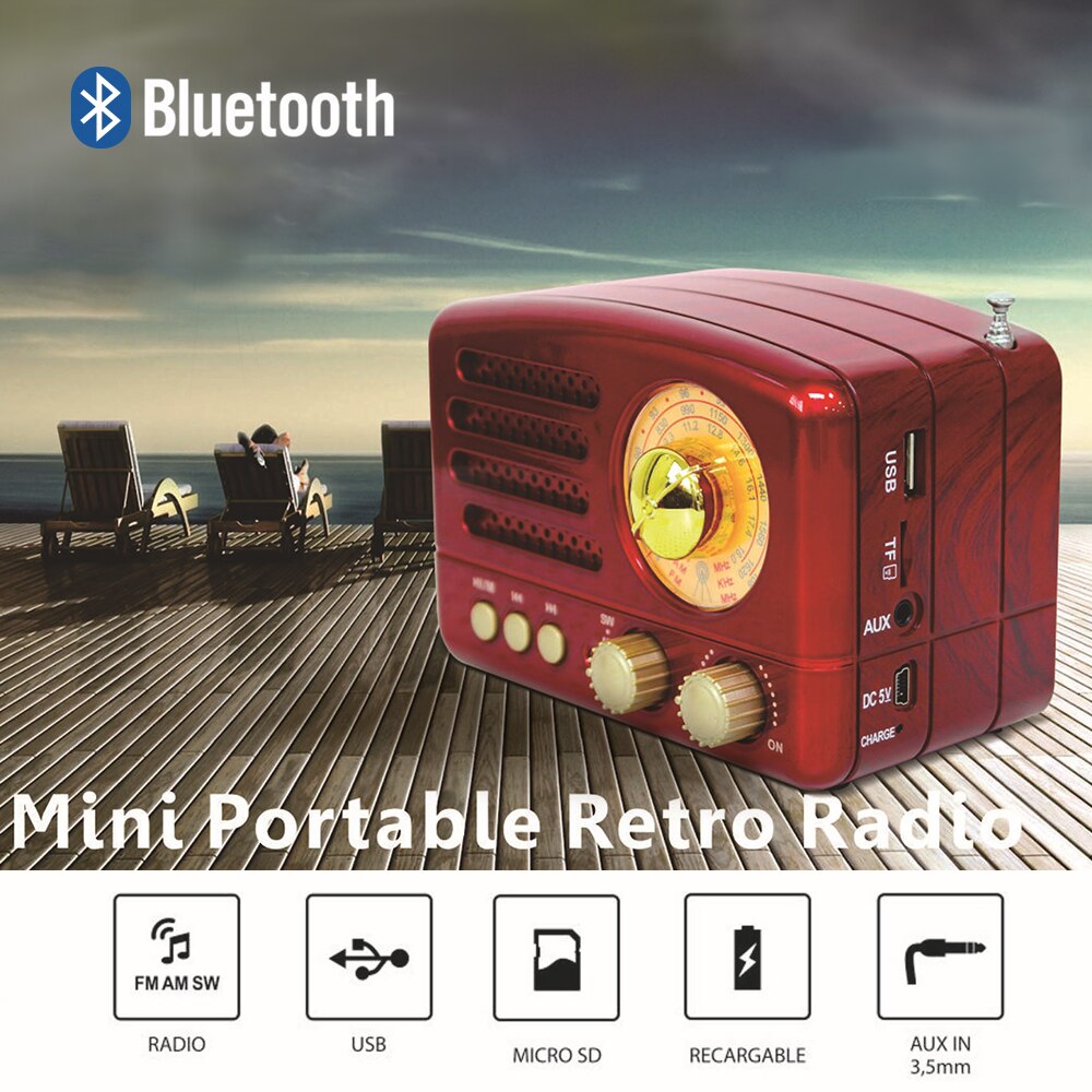 1PCs Red/Coffee Portable Vintage Retro Radio Bluetooth Speaker AM FM SW TF Card Slot USB Rechargeable Home Travel Mini Radio