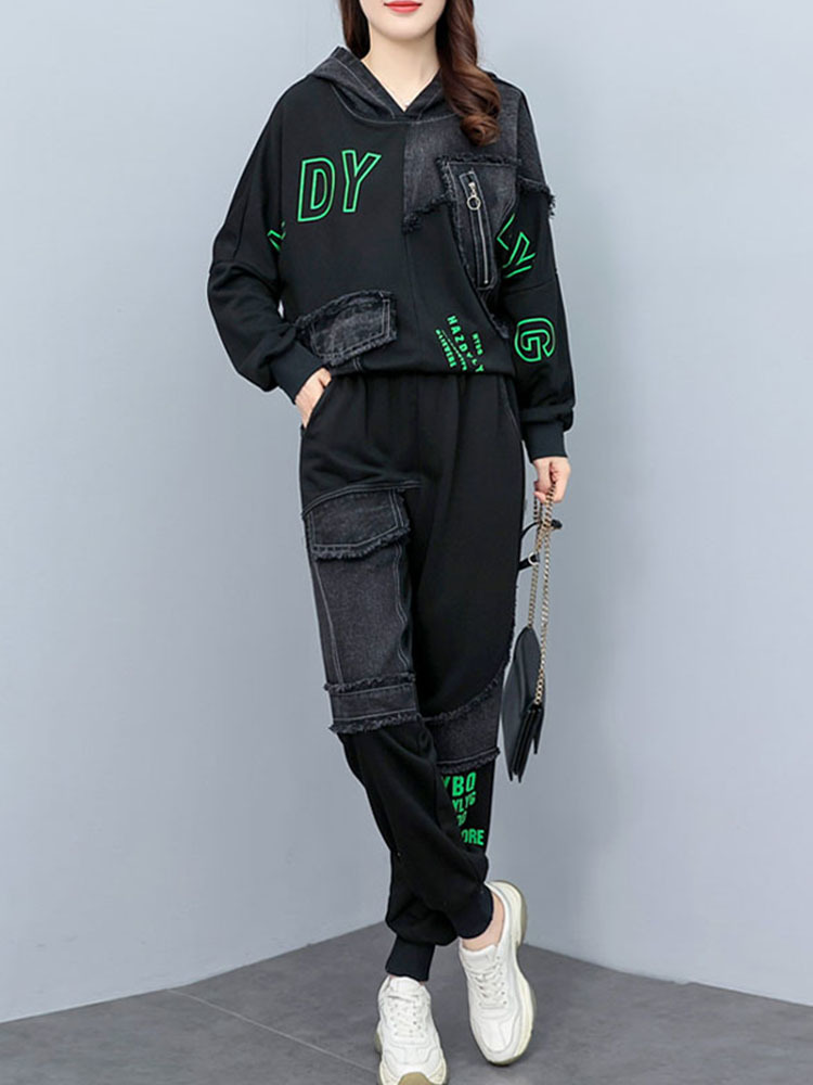 Bedruckte Patchwork Denim oben Freizeit Schlauch einstellen für Damen Frühling Herbst 2023 neuen Stil zweiteilige setzt 4xl