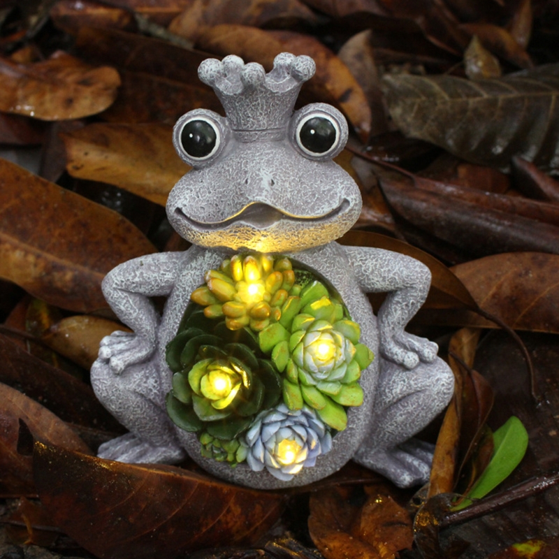 Solar Garden Statue Frog Ornament with Succulent 4 LED Lights Outdoor Lawn Decor