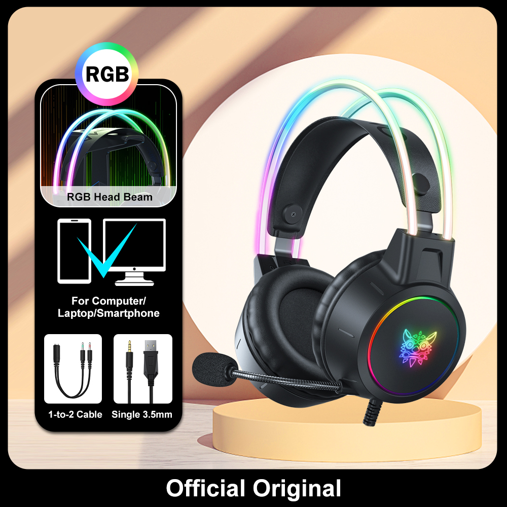 ONIKUMA X15 Pro słuchawki nauszne gamingowy zestaw słuchawkowy przewodowe słuchawki z redukcją różowe kocie uszy światło Rgb z mikrofonem na PC PS4: Niebieski