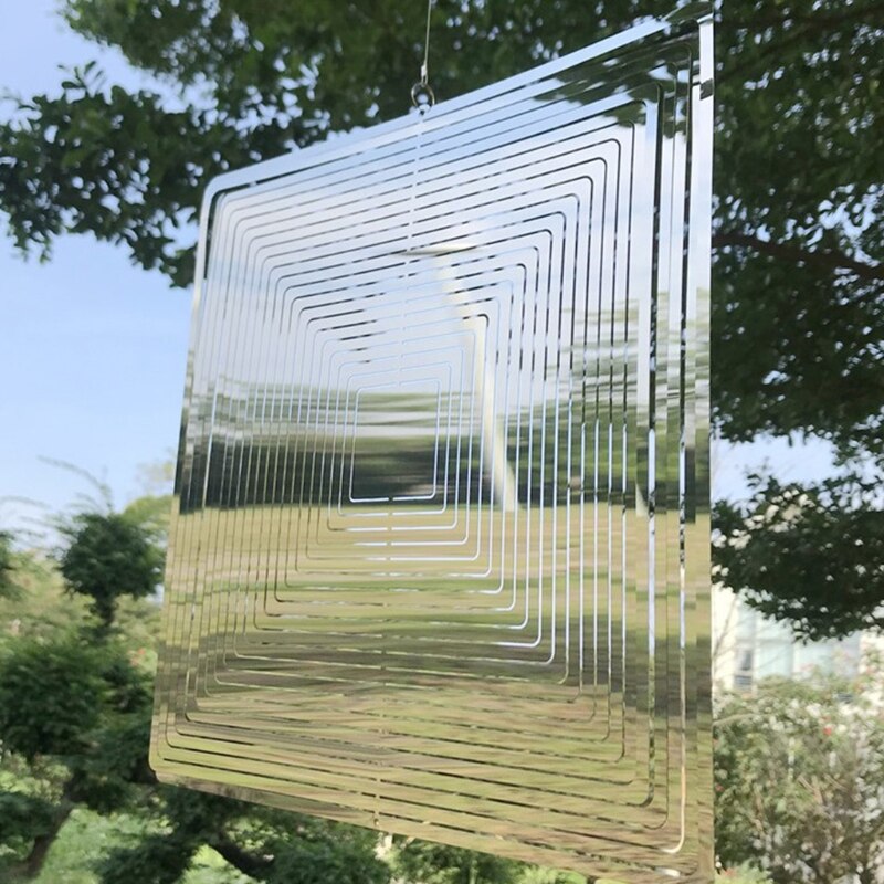 3D Hanging Wind Spinner Stainless Steel Metal Sculptures Silver Water Droplet Square Indoor and Outdoor Flowing-Light
