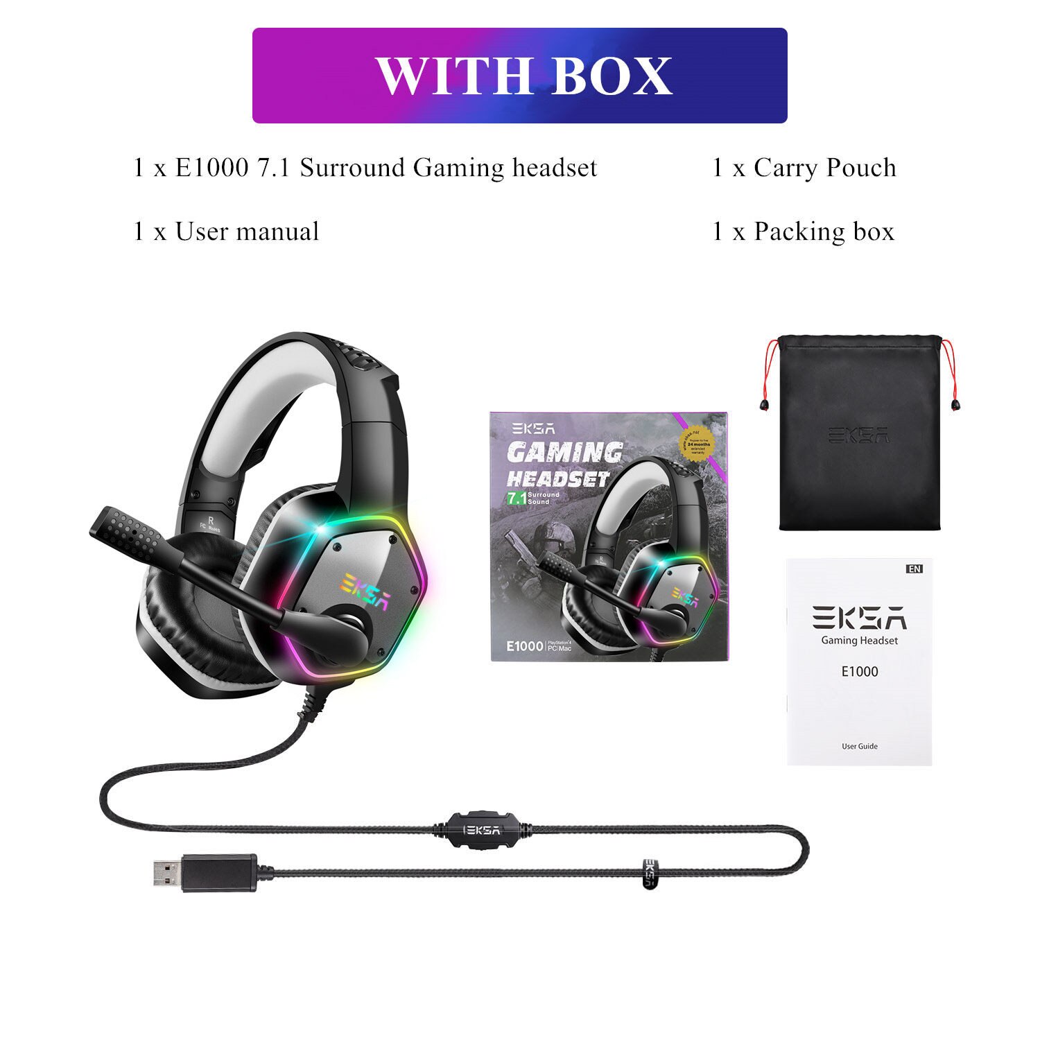 EKSA E1000 oyun kulaklığı 7.1 Surround ses kablolu kulaklık Gamer PC için PS4 RGB ışık ile gürültü iptal Mic oyun kulaklık: Gray with Box