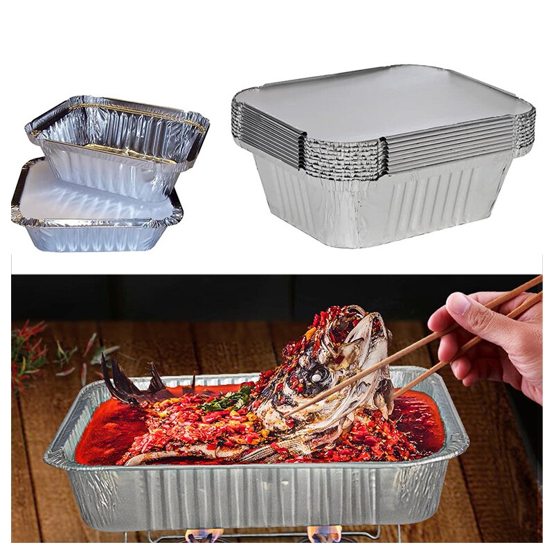 10pcs Disposable Lunch Box Rectangle Shaped Disposable Aluminum Foil Pan Take-out Food Containers with Aluminum Lids/Without Lid