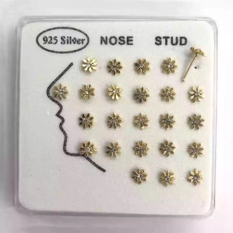 Hellolook 24 Stks/set 925 Sterling Zilveren Neus Piercing Studs Gold Zon Bloem Neus Studs Voor Vrouwen Meisje Piercing Sieraden