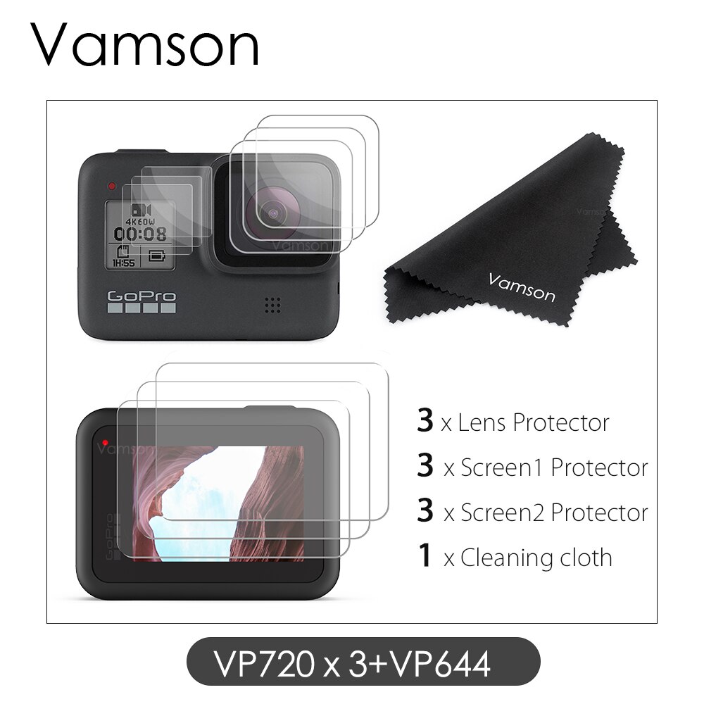 Vamson für Gopro Hero 8 Schwarz Gehärtetem Glas Screen Protector Action Kamera Objektiv Bildschirm Film 9Pcs für Go pro 8 kamera VP720: VP720x3-VP644