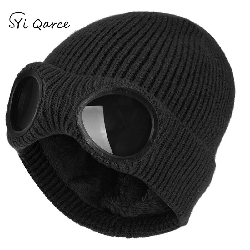 SYi Qarce Solid Colors Winter Knitted Caps Skullies Beanies Cap for Women Men's Double Removable Glasses Cap NM137-39: Black