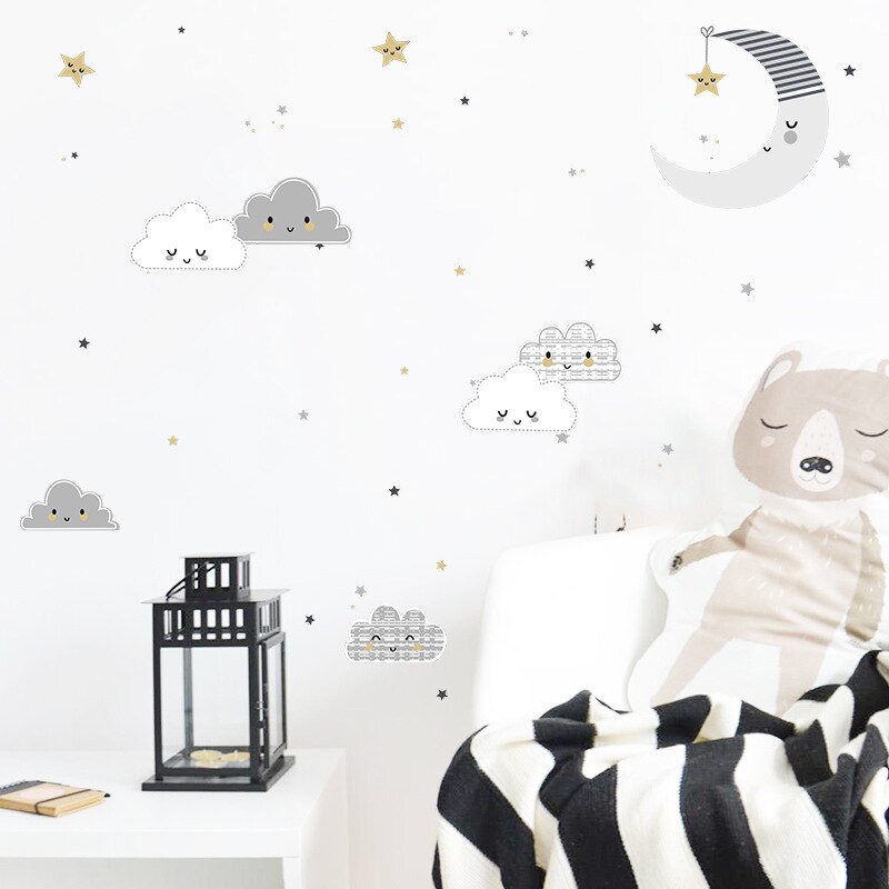 Cartoon Clouds Moon Wall Sticker Cute Pattern Kids Baby Room Home Decoration Bedroom Background Wallpaper Combination Stickers