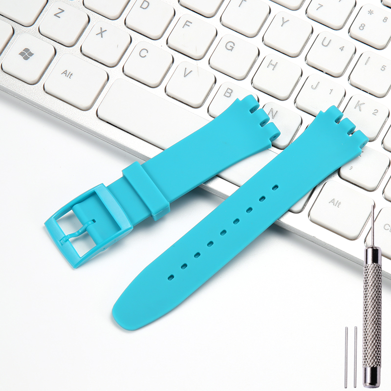 Correa de reloj de silicona de 17 19 y 20mm adecuada para correa de reloj SWATCH, correa de repuesto suave para mujeres y niños, pulsera impermeable con herramienta: Blue pink / 19mm