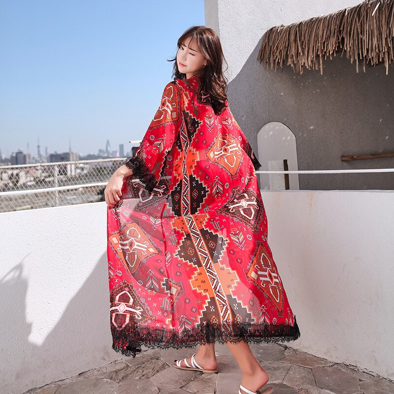 Kinesisk stil seaside thai cardigan sommer strandkåper tilfeldig kvinner india bohemprint jakker cardigan afrika klær: 5 / En størrelse