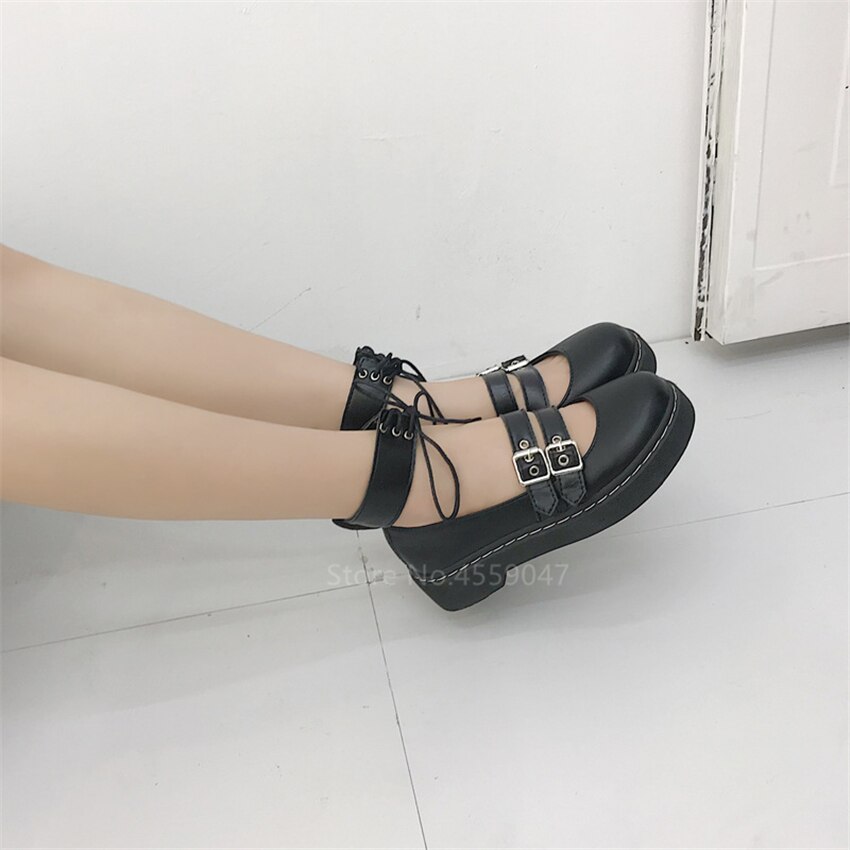 Style japonais Kawaii Lolita chaussures noir gothique filles femmes fantaisie bout rond amovible bande ceinture fond épais étudiant chaussures
