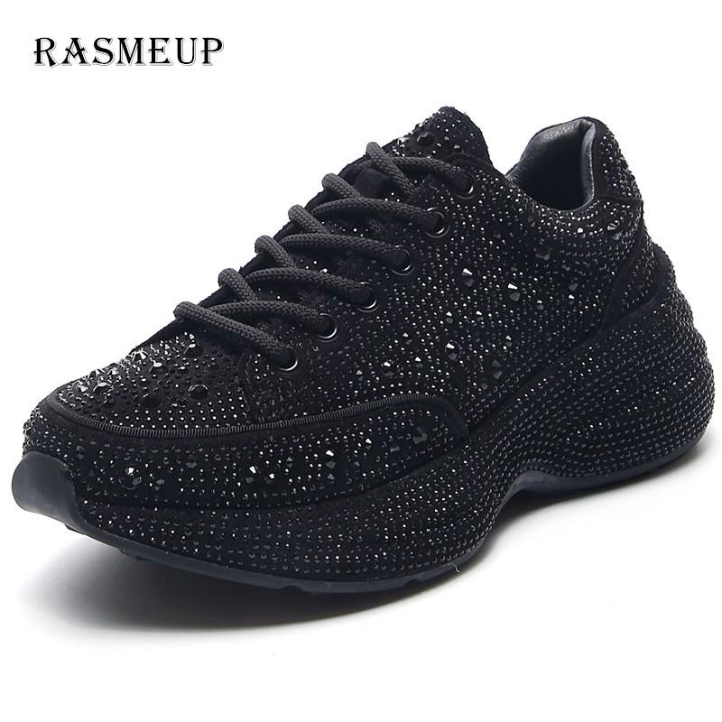 RASMEUP cristal microfibre plate-forme baskets Bling grosses femmes chaussures confortables et respirantes chaussures pour dames: black / 36