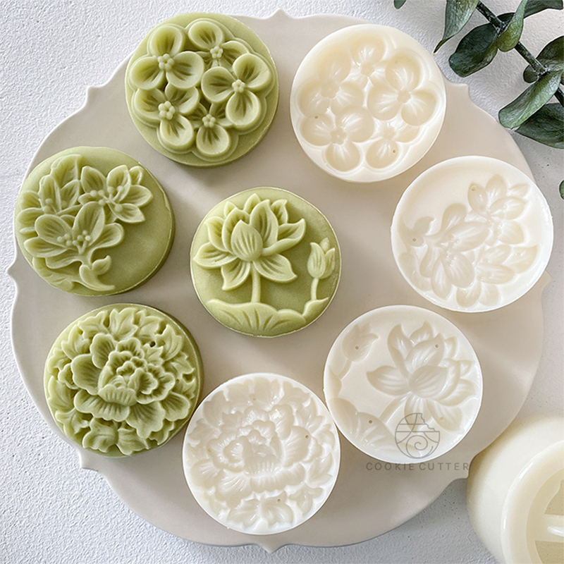 DIY 3D Mooncake Mould Set 50g Flowers Pattern Shape Moon Cake Mold Hand Press Plunger Cookie Molds for Mid-Autumn Festival