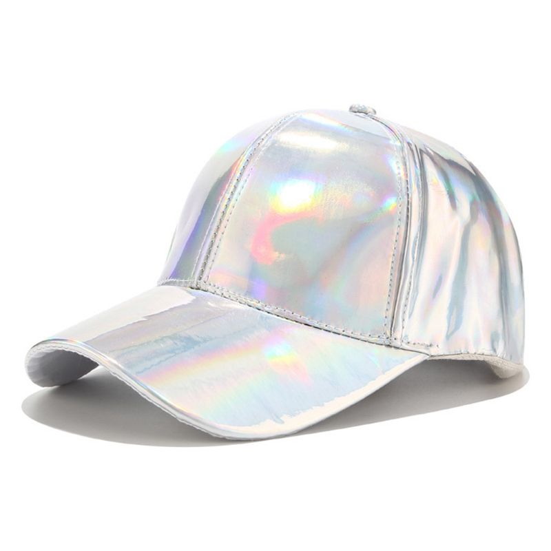 Mujeres Hombres Faux cuero gorra de béisbol brillo metálico holográfico Arco Iris reflectante Hip Hop ajustable Strapback Peaked sombrero
