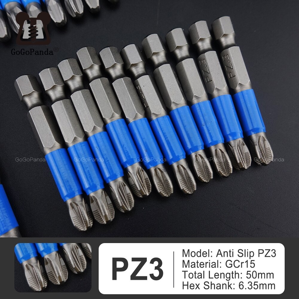 10 stk / lot 50mm gcr 15 pozidrive bits sekskantskruet skridsikker skruetrækker bits magnetisk enkelt hoved  pz1 / pz2 / pz3: 50mm pz3