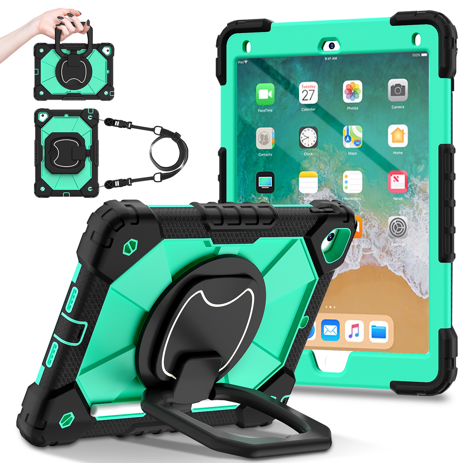 Roterande kraftigt fodral för ipad 5 6 7 air 1 2 pro 9.7 5th 6th gen stativskydd med handtag och axelrem