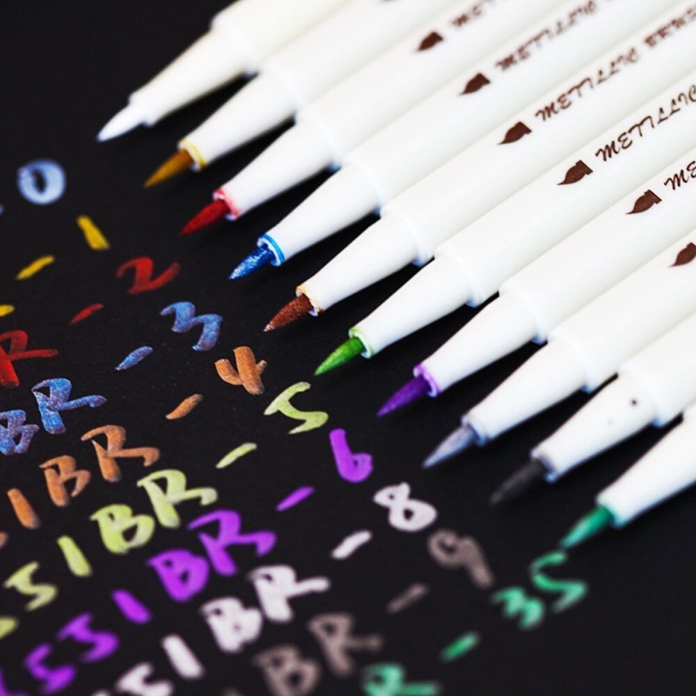 Rotuladores de artista, juego de 10 bolígrafos de pincel de colores metálicos con fieltro y punta fina
