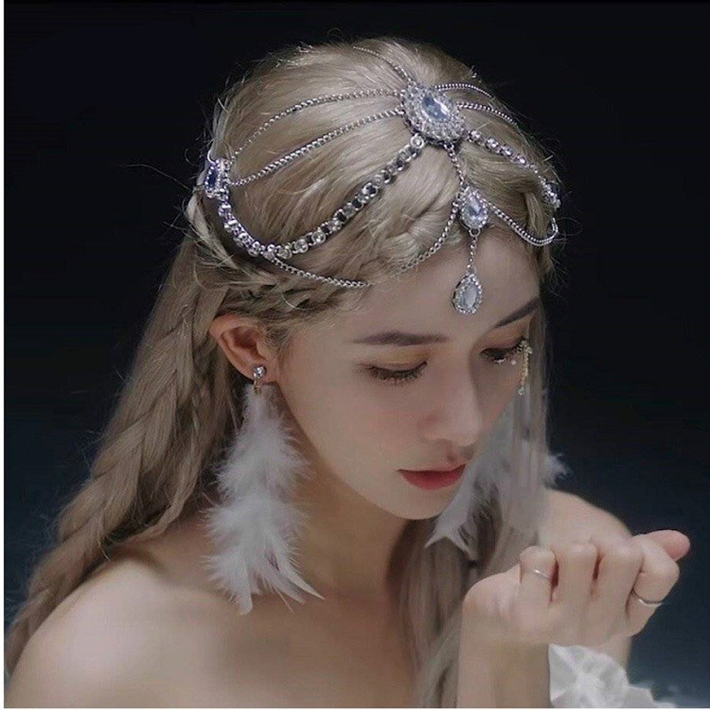 Accesorios para el cabello de joyería de lujo para mujer, cadena para la frente con borla de flores en forma de gota de agua, colgante para el cabello con piedras preciosas rojas sexys, horquilla: Verde militar