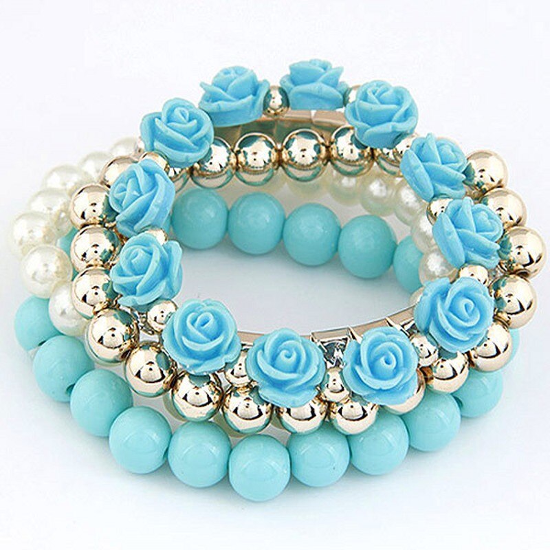 Vintage Charm Armband Rose Bloem Multilayer Verpakt Bloem Armband En Armband Dames Sieraden: blue