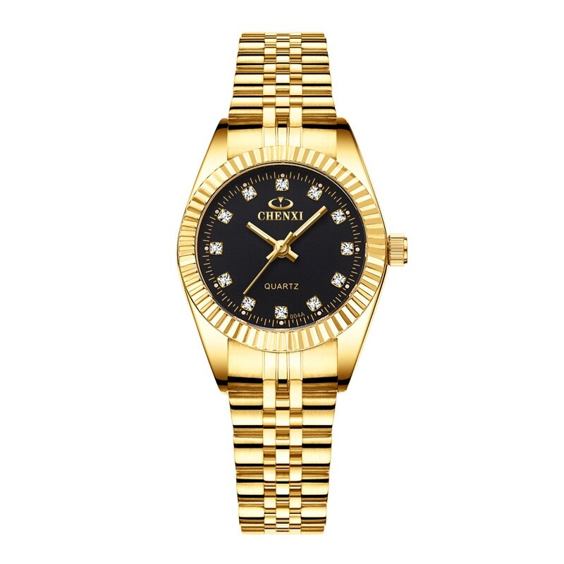 Chenxi Luxe Paar Horloge Golden Rvs Liefhebbers Horloge Quartz Horloges Voor Vrouwen &amp; Mannen Analoge Horloge: Women Black  Dial