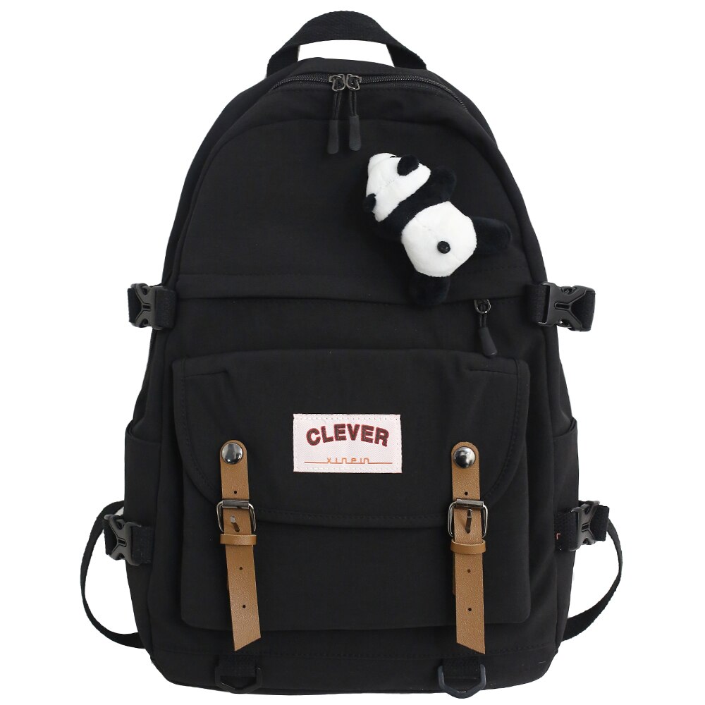 Damen Student Kühlen Rucksack Nette Frauen Schule Tasche Buch Trendy Weibliche Rucksäcke Wasserdichte Nylon Kawaii Tasche College Mädchen: black / With panda pendant