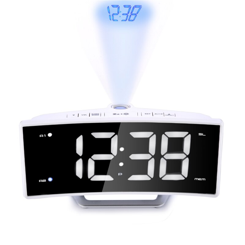 Espejo FM Radio despertador LED, proyector electrónico Digital, reloj de sobremesa, reloj Nixie proyección alarma, reloj con proyección de tiempo: Blanco