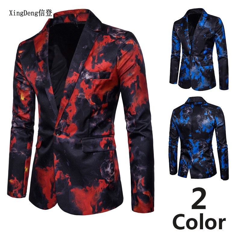 Xingdeng casual blazer herre slim fit jakke mønster trykt blaser homens herre blazer personality jakke rød blå m -3xl