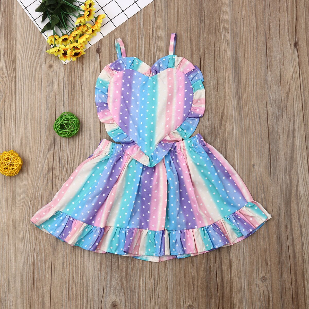 Baby Zomer Kleding Peuter Baby Meisjes Kleurrijke Jurk Liefde Regenboog Gestreepte Ruches Band Jurk Romper Outfit Kleding 1-5Y