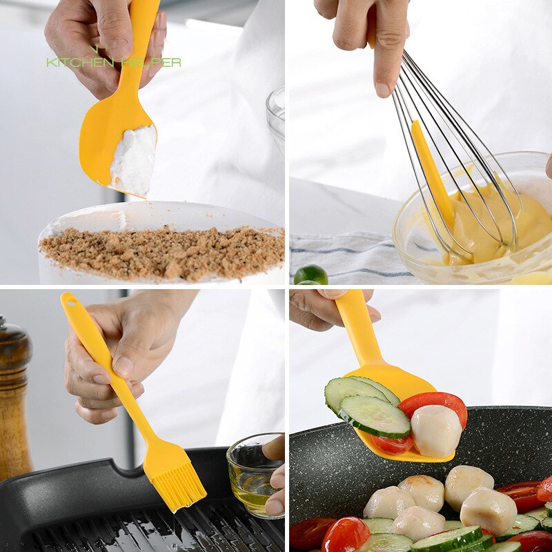 Herramientas de cocina de silicona resistentes al calor, espátula antiadherente, tenacillas giratorias, cuchara para sopa, pala, cepillo de aceite, caja de almacenamiento de utensilios de cocina