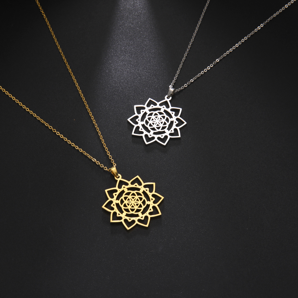 Skyrim – collier avec fleur de vie pour femmes, chaîne de cou en acier inoxydable, amulette, motif géométrique, Mandala, bijoux