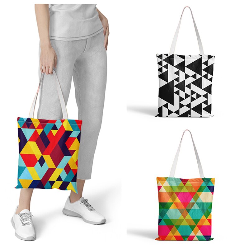 Bolso de mano informal con estampado de cuadros coloridos para mujer, bolsa de compra reutilizable, de lona, para uso diario y playa