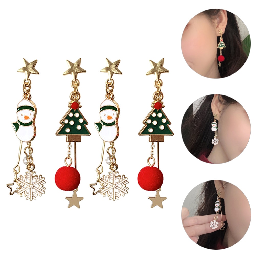 2 Pairs Kerst Thema Vrouw Oorbel Modieuze Legering Kerstboom Oorbellen Cartoon Bell Kerstman Stud Oorbellen