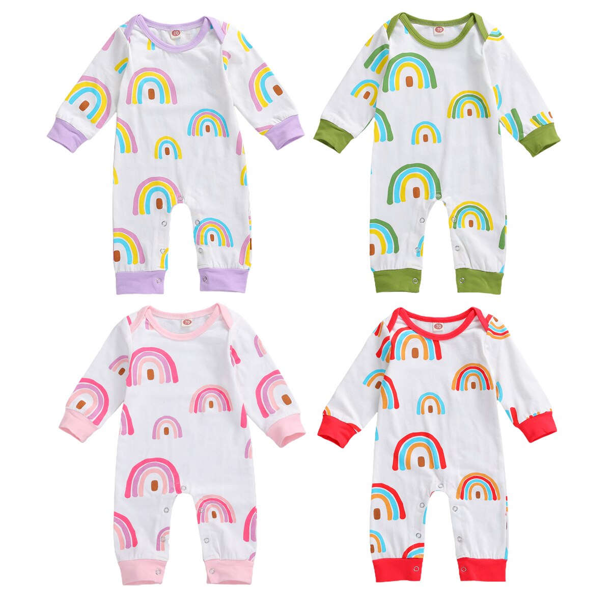 Mise au point Kid bébé filles garçons barboteuse arc-en-ciel impression à manches longues entrejambe boutons automne combinaisons 4 couleurs