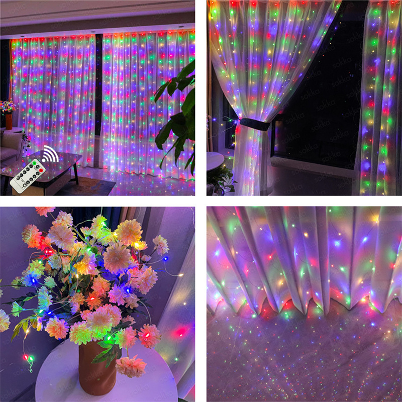 Guirnalda de luces de cortina USB, 8 modos de luz LED navideña para Año , dormitorio, vacaciones, boda, cumpleaños, decoración, luz nocturna de pared