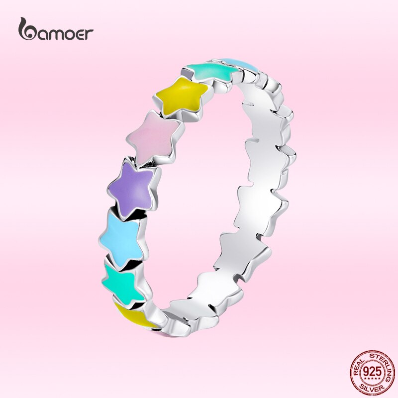 Bamoer Mode Kleur Star Silver Ring Voor Vrouwen Echt 925 Sterling Zilveren Stapelbaar Regenboog Ring Trendy Casual Sieraden
