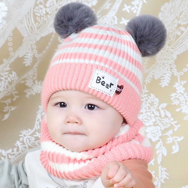 Conjunto de gorro y bufanda para niño y niña, gorro cálido para bebé, gorro tejido a rayas con oso, bufanda, accesorios de invierno, gorrito, Color caramelo: Rosa
