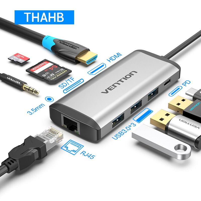 Vention usb c hub type-c  til 4k hdmi  rj45 vga usb 3.0 hub Brygge til macbook pro huawei kamerat 30 usb -c 3.1 splitter havn usb-c hub: 9 i 1 tha