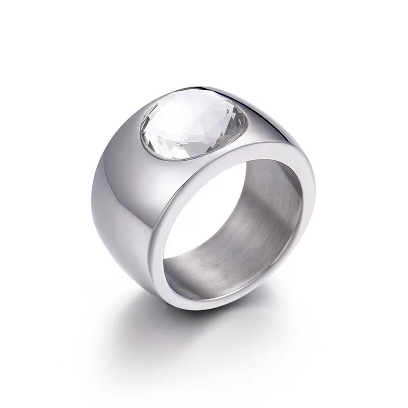 Luxe Kristal Ronde Vrouwelijke Ring 10Mm Brede Ring Rvs Vrouwen Cocktail Ring Sieraden Engagement Ring: 7 / Steel