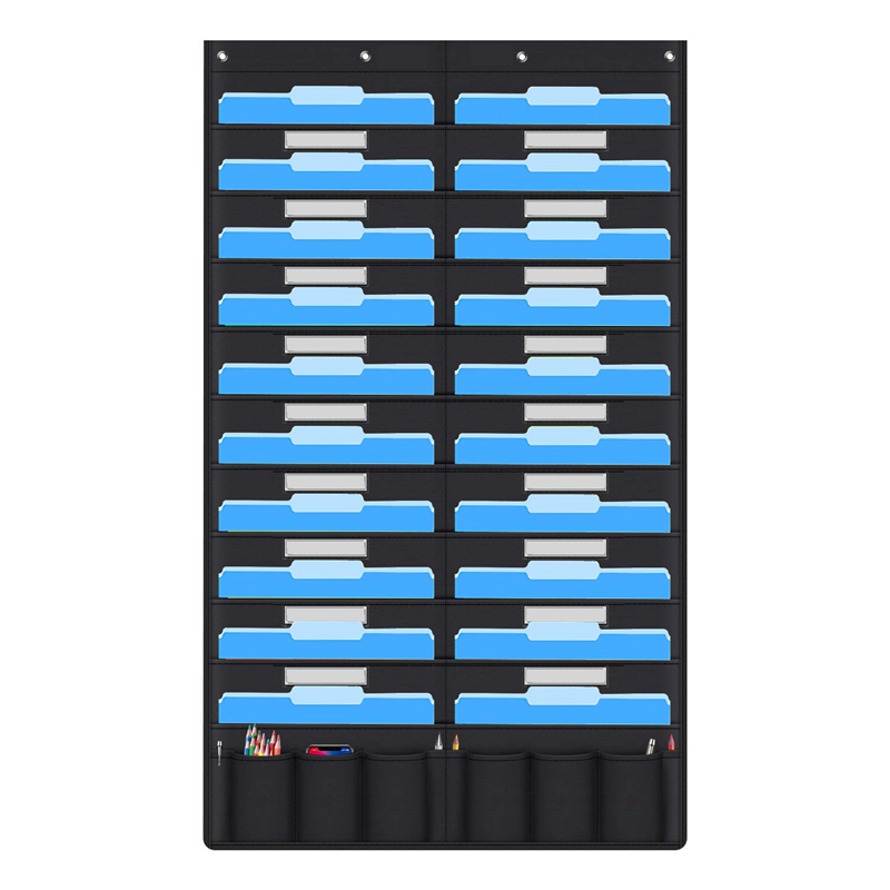 20 lommedør hengende arkivarrangør med navneskilt, lommediagrammer i svart vegg med 4 kleshengere, flott til klasserom, skole, h