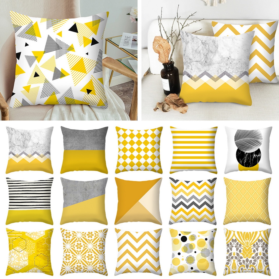 Urijk Geometric Printed Throw Pillow Case Yellow Gray Diamond Wave Waist Cushion Cover Office Sofa Housse de Coussin Kussenhoes