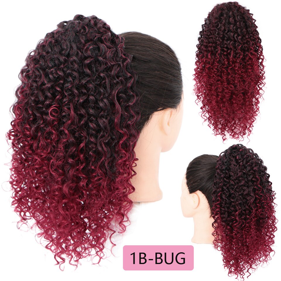 Stamped Glorious Afro Curly Ponytail Hair Piece Long Synthetic Drawstring Ponytail for African American Clip in Hair Extensions: 1B-BUG